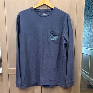 Vineyard Vines Navy Long-Sleeve Pocket Tee with Teal Whale